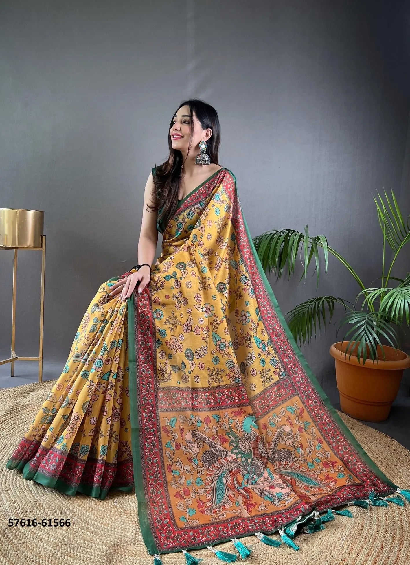 Yellow Pure Malai Cotton Floral Printed Office-Wear Saree