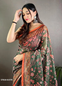 Green Pure Malai Cotton Floral Printed Office-Wear Saree