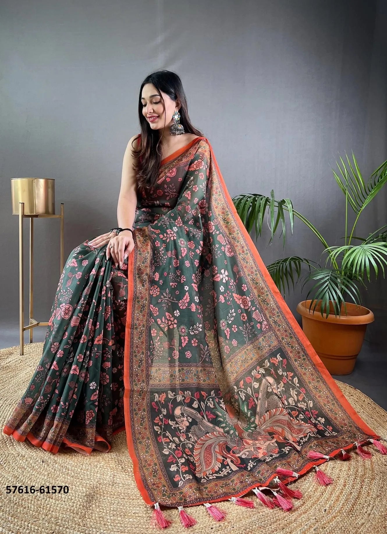 Green Pure Malai Cotton Floral Printed Office-Wear Saree