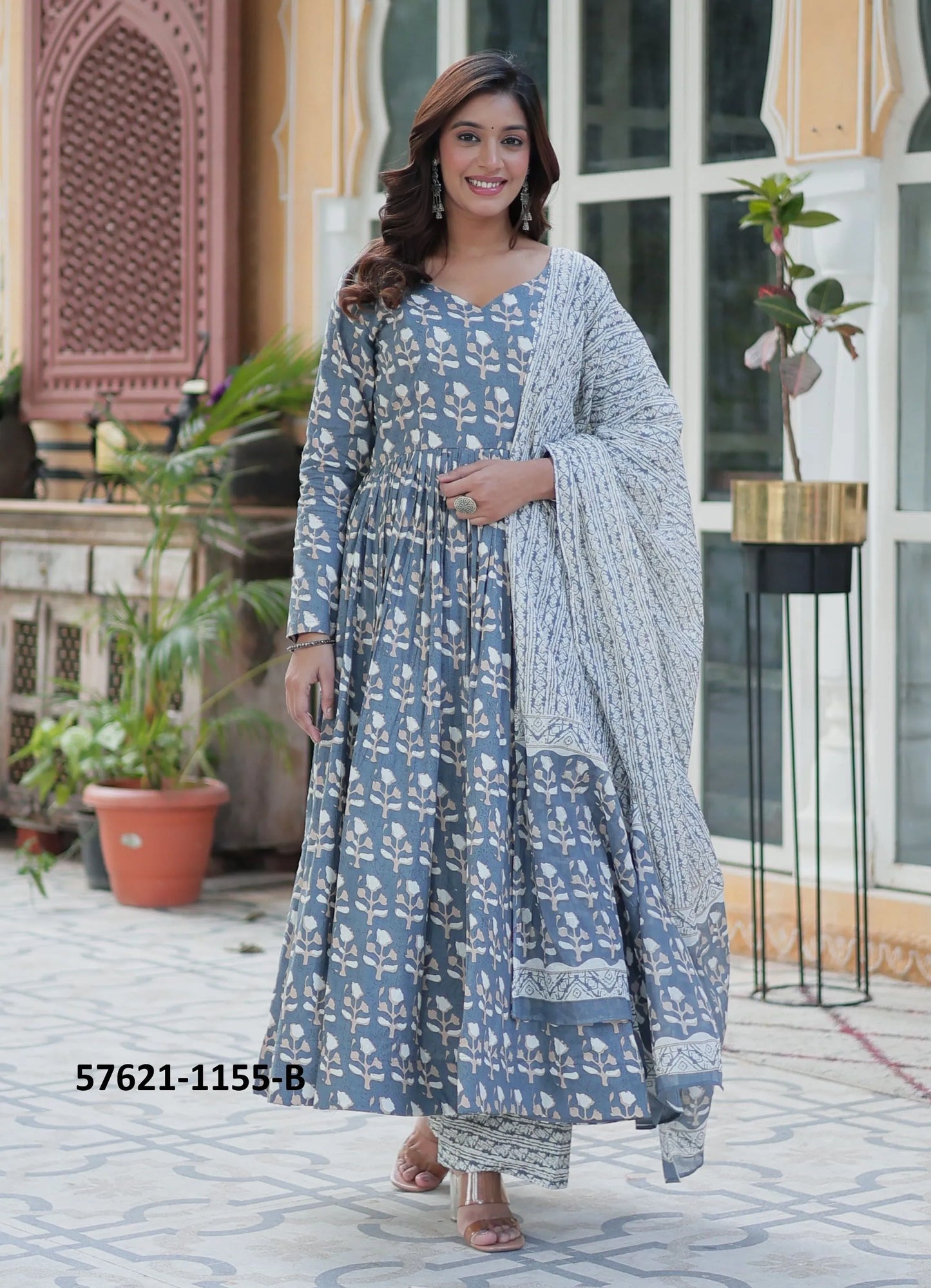 Steel Blue Pure Cotton Printed Summer-Wear Anarkali Readymade Salwar Kameez