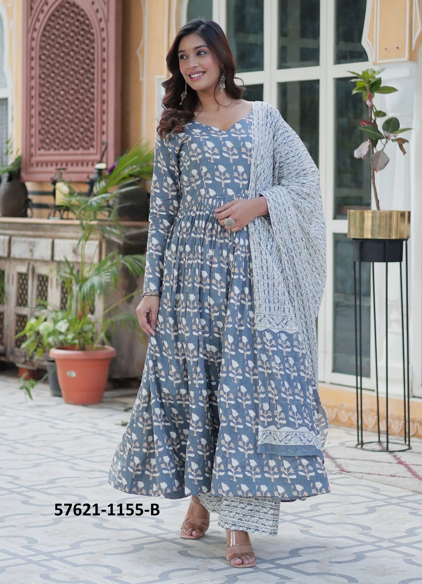Steel Blue Pure Cotton Printed Summer-Wear Anarkali Readymade Salwar Kameez