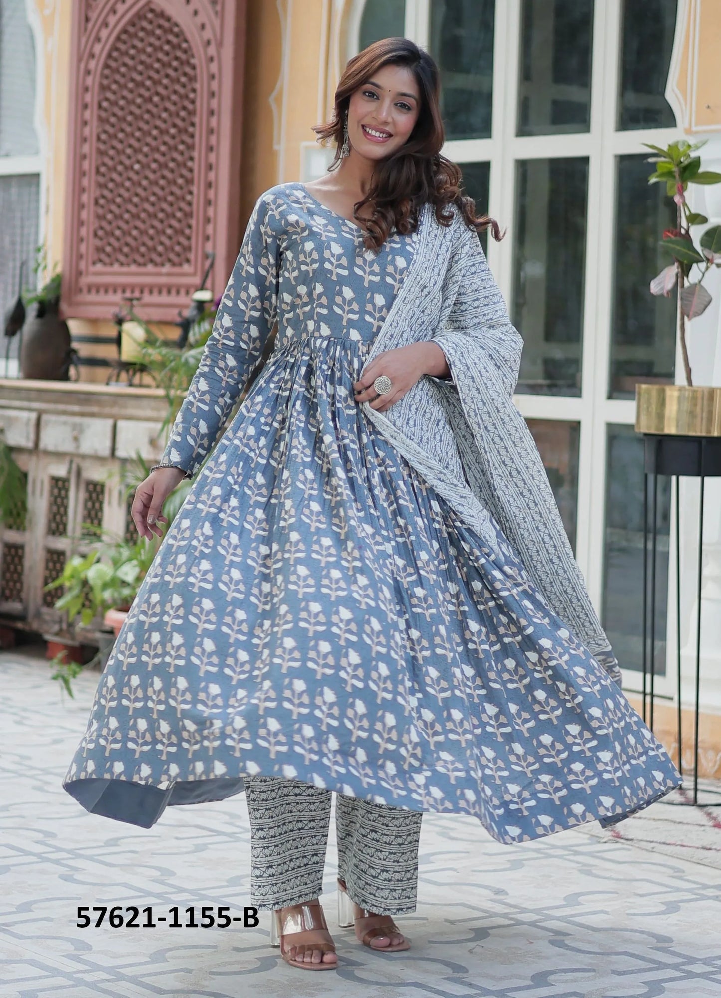 Steel Blue Pure Cotton Printed Summer-Wear Anarkali Readymade Salwar Kameez