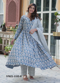 Steel Blue Pure Cotton Printed Summer-Wear Anarkali Readymade Salwar Kameez