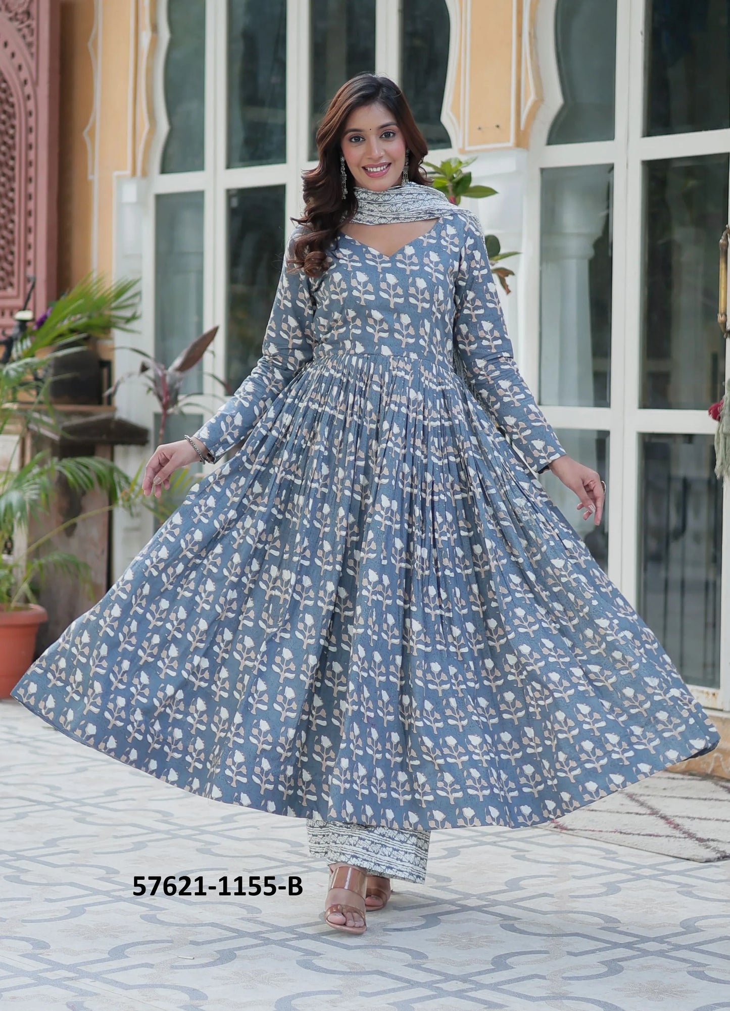 Steel Blue Pure Cotton Printed Summer-Wear Anarkali Readymade Salwar Kameez