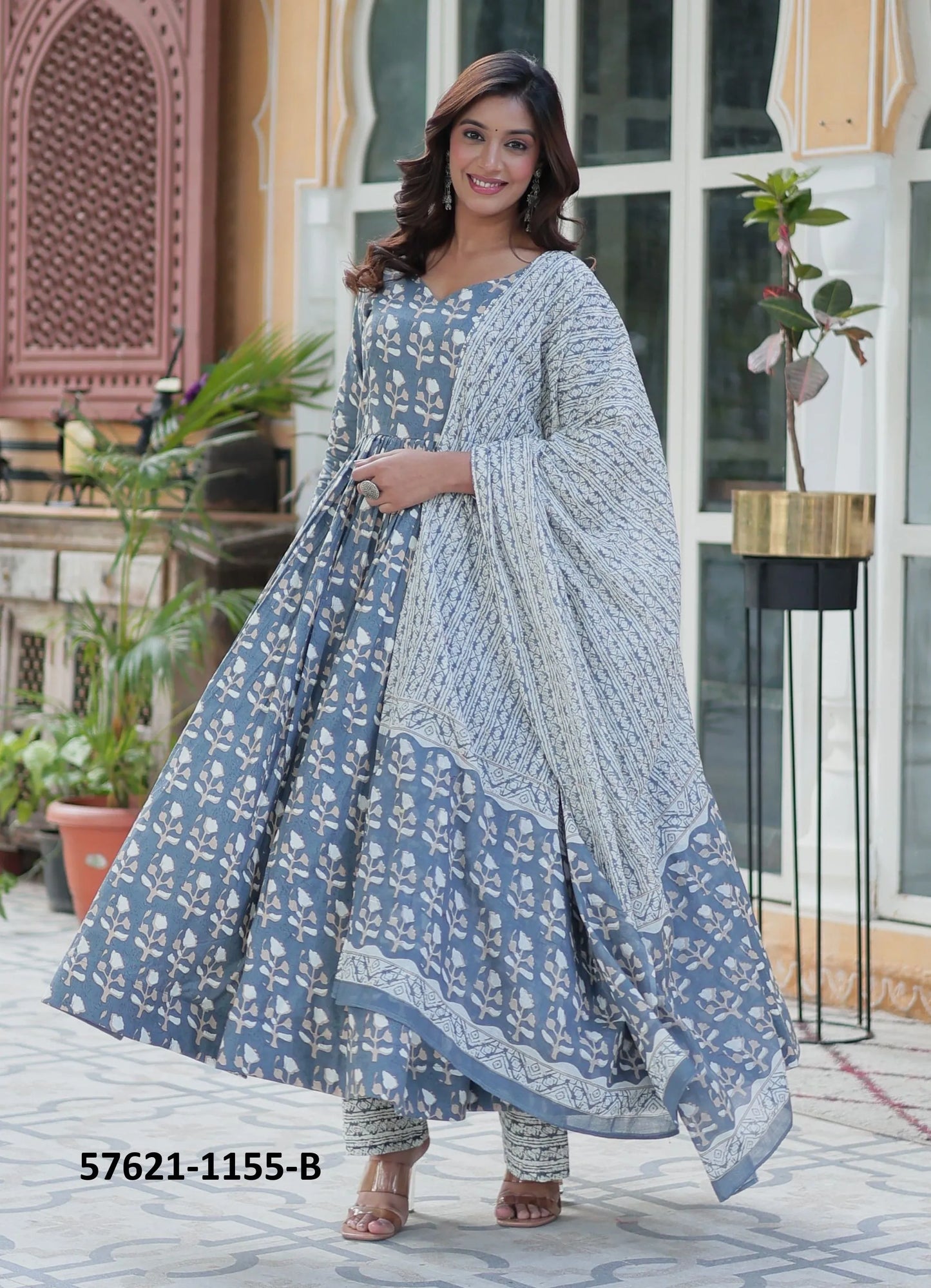 Steel Blue Pure Cotton Printed Summer-Wear Anarkali Readymade Salwar Kameez