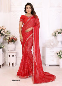 Red Chinon Chiffon Bandhani Printed Desi Saree For Traditional / Religious-Occasions