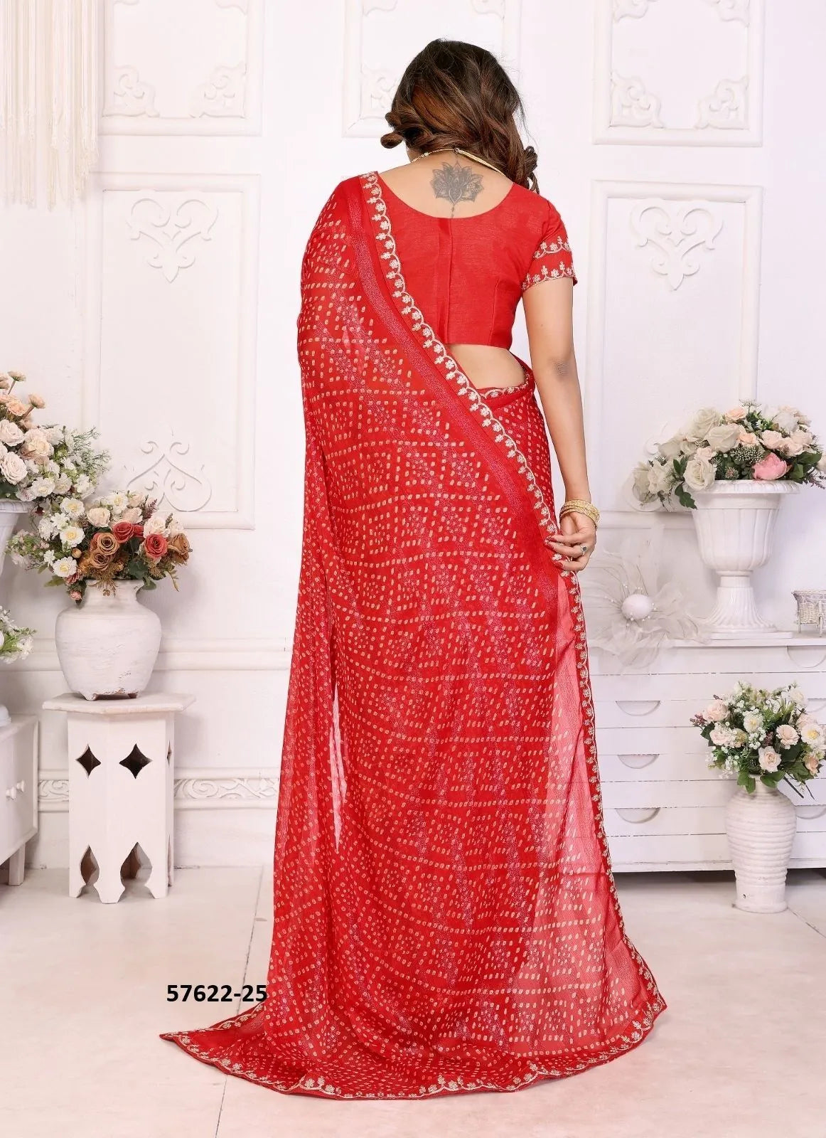 Red Chinon Chiffon Bandhani Printed Desi Saree For Traditional / Religious-Occasions