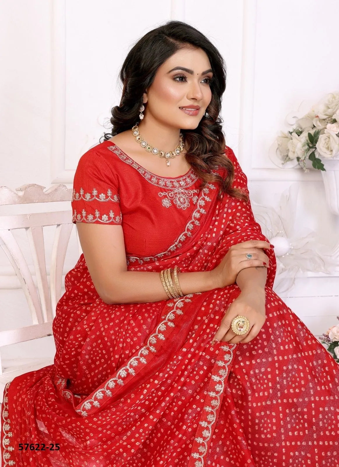 Red Chinon Chiffon Bandhani Printed Desi Saree For Traditional / Religious-Occasions