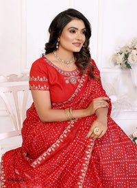 Red Chinon Chiffon Bandhani Printed Desi Saree For Traditional / Religious-Occasions