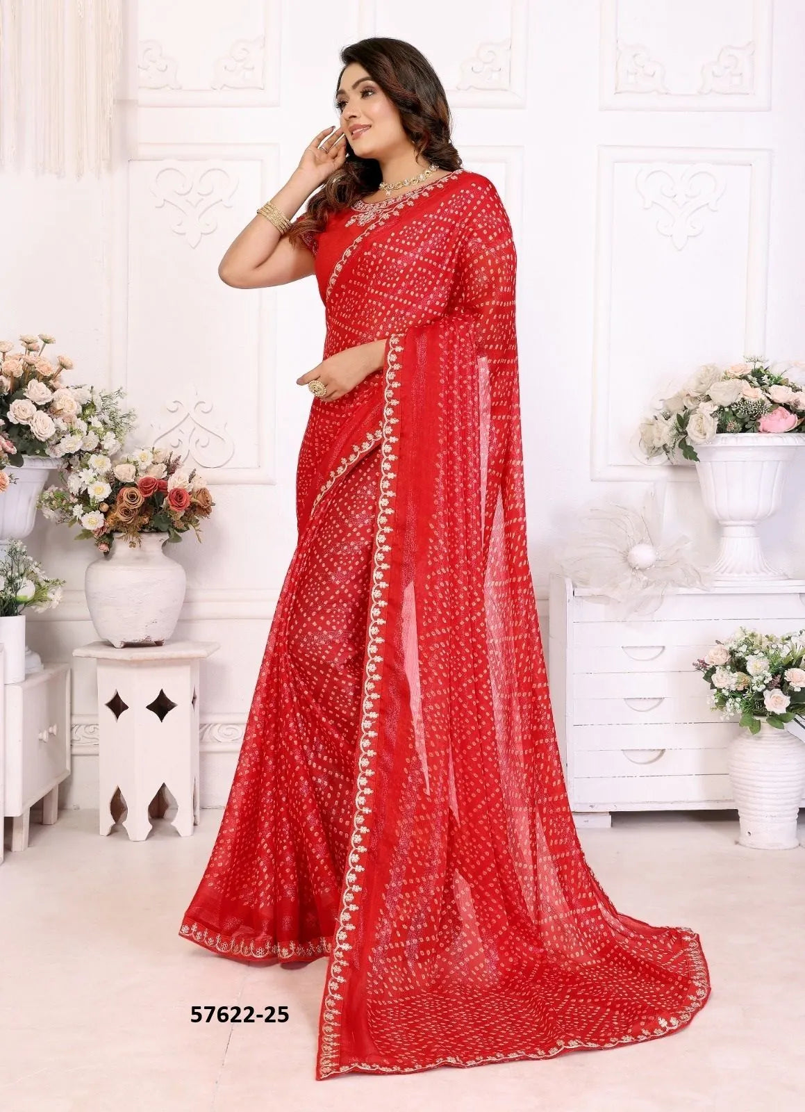 Red Chinon Chiffon Bandhani Printed Desi Saree For Traditional / Religious-Occasions