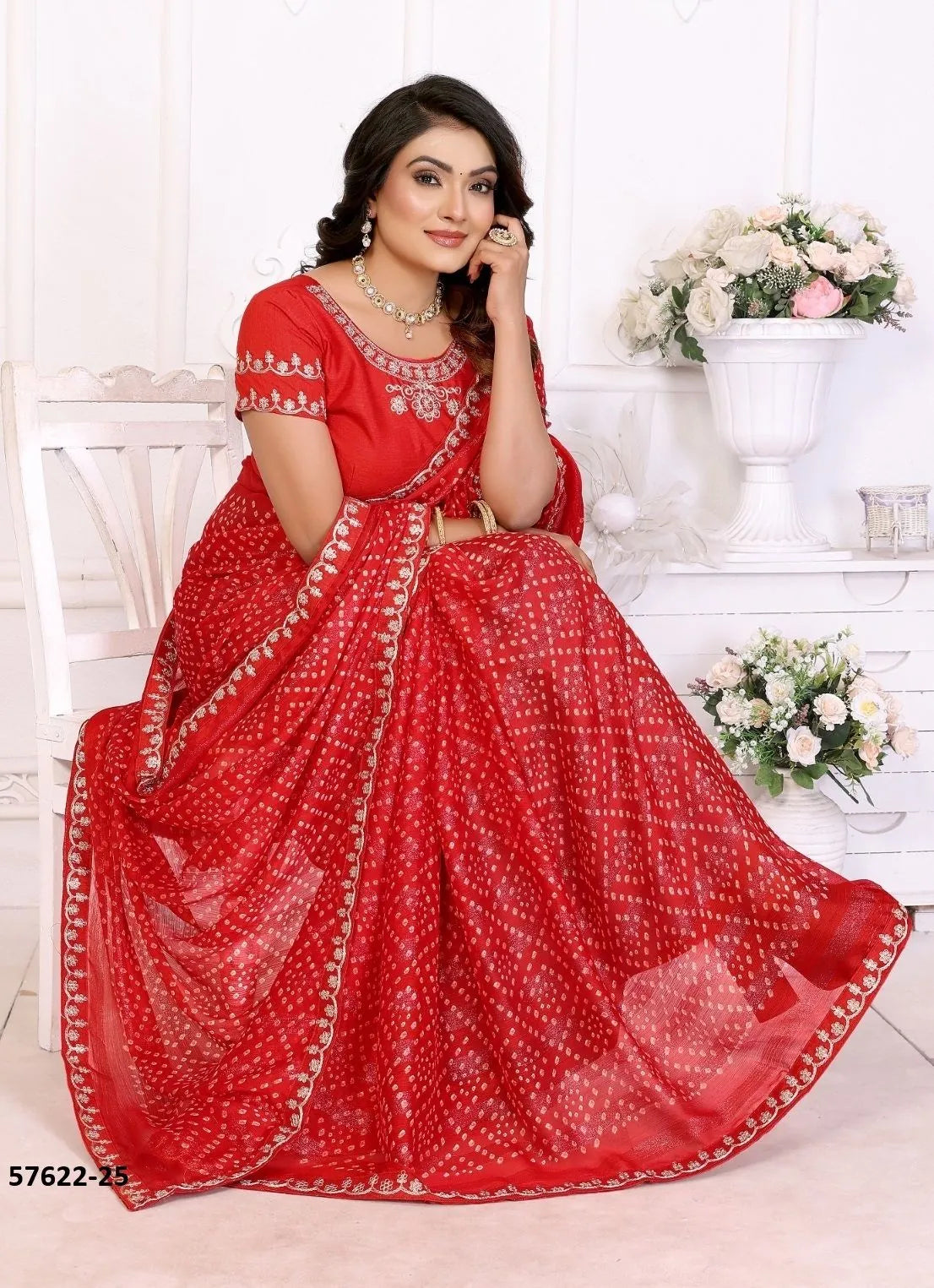Red Chinon Chiffon Bandhani Printed Desi Saree For Traditional / Religious-Occasions