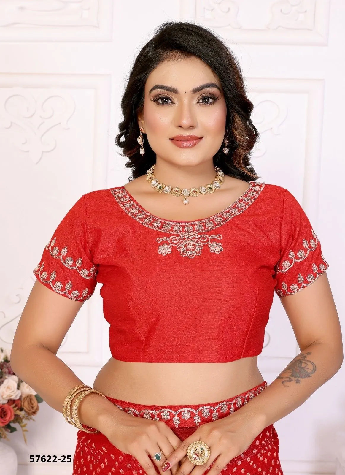 Red Chinon Chiffon Bandhani Printed Desi Saree For Traditional / Religious-Occasions