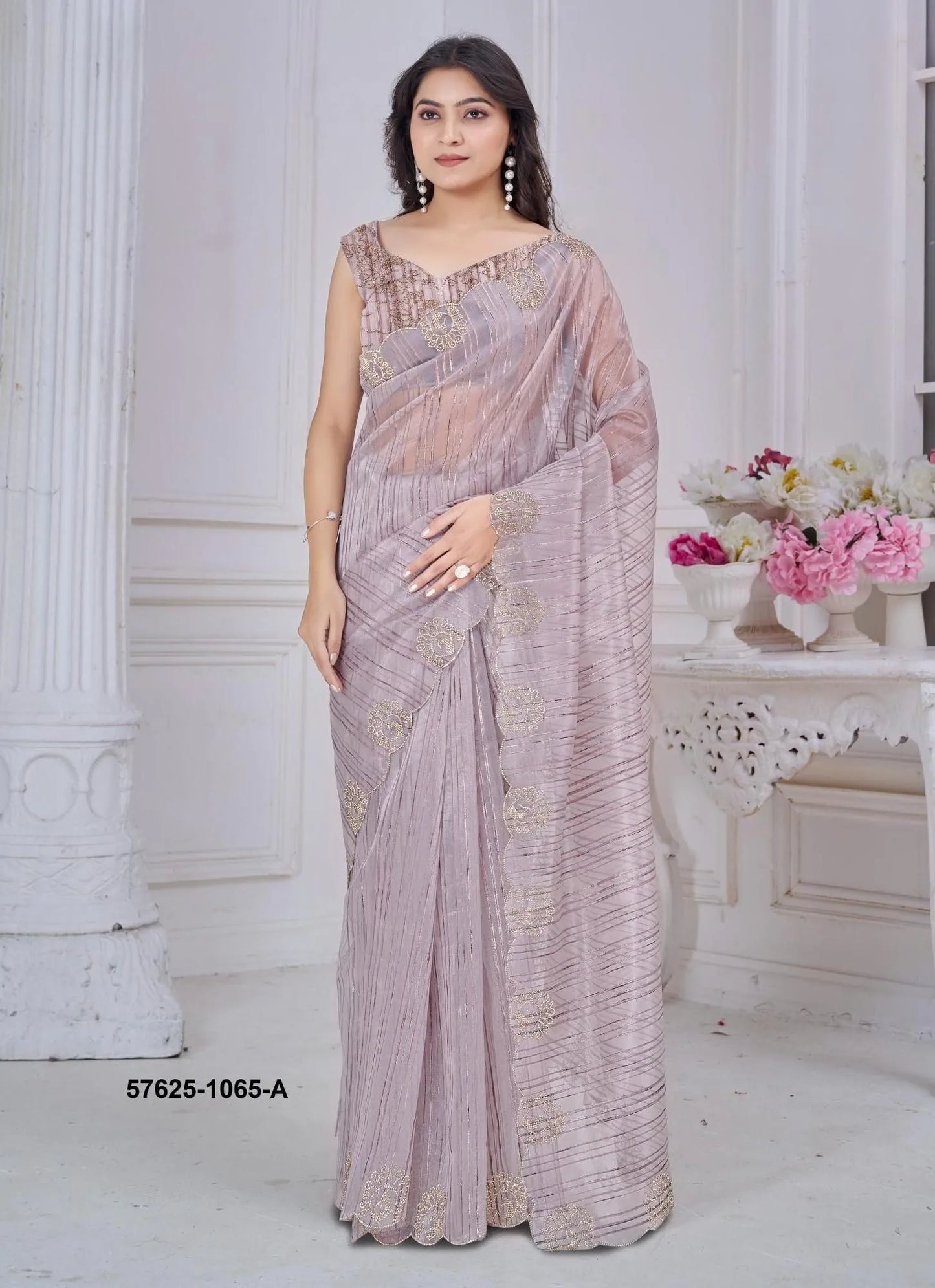Light Lilac Pure Jacquard Swarovski Work Festive-Wear Desi Saree