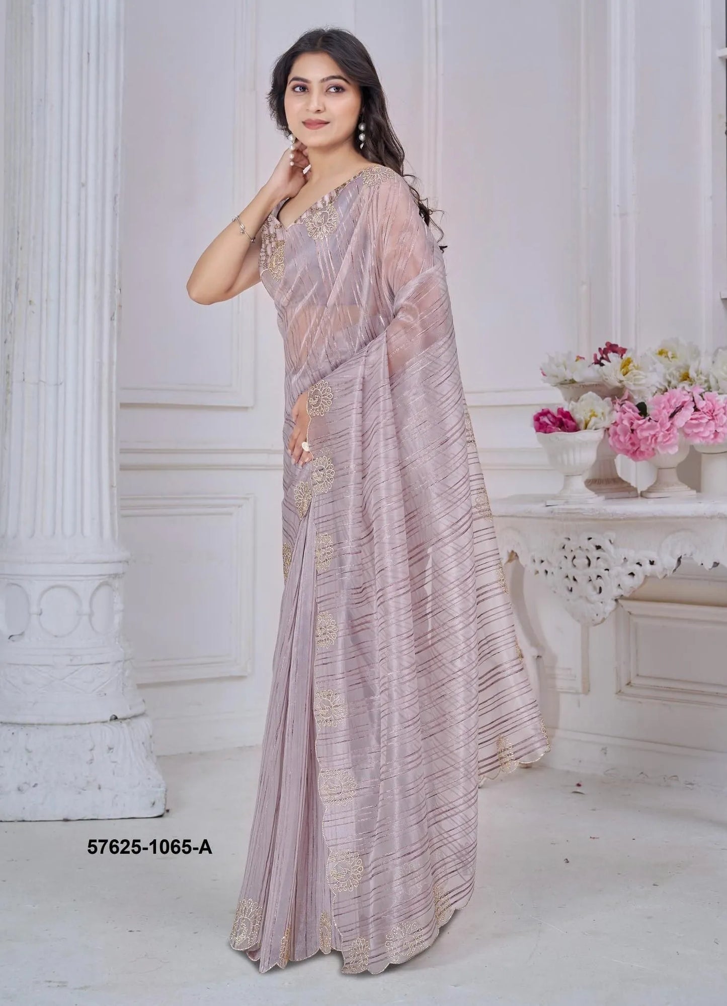 Light Lilac Pure Jacquard Swarovski Work Festive-Wear Desi Saree