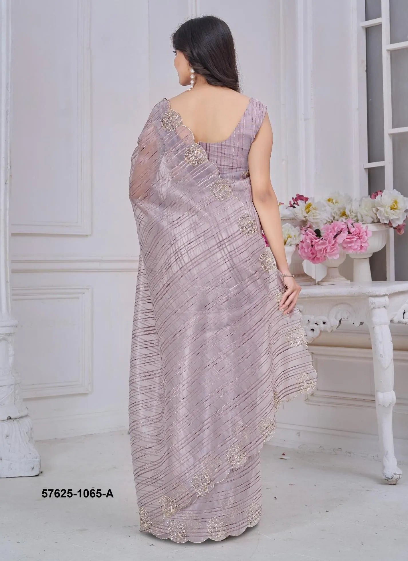 Light Lilac Pure Jacquard Swarovski Work Festive-Wear Desi Saree