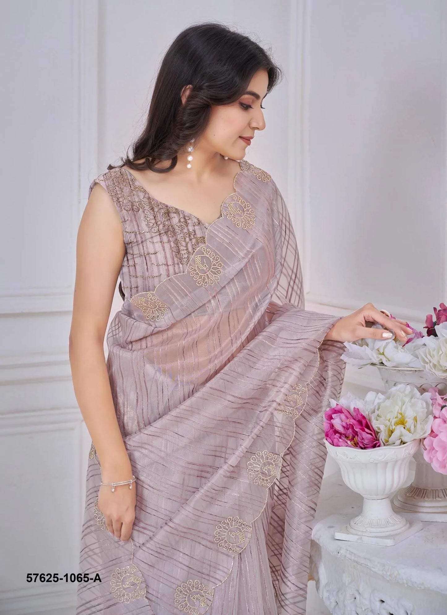 Light Lilac Pure Jacquard Swarovski Work Festive-Wear Desi Saree