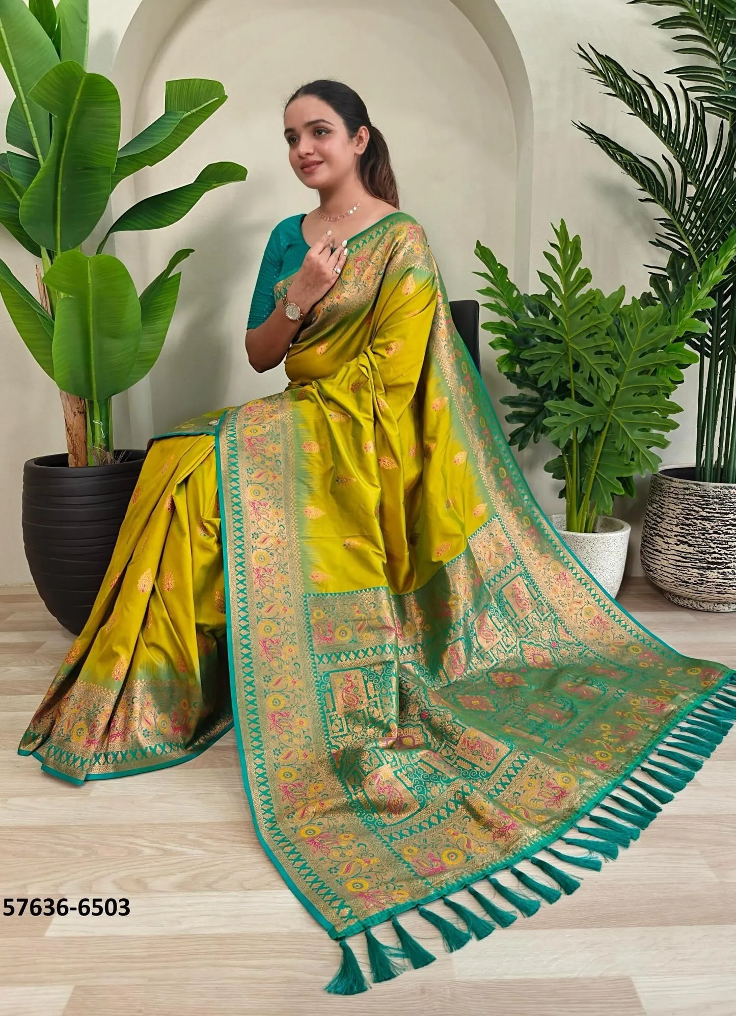 Lime Yellow Paithani Silk Woven Saree For Traditional / Religious-Occasions