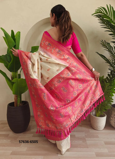 White Paithani Silk Woven Saree For Traditional / Religious-Occasions
