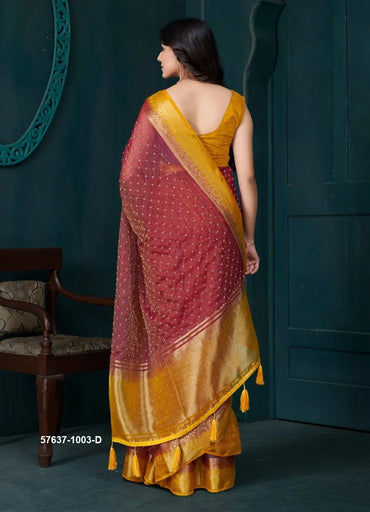 Wine Red Pure Silk Jacquard Woven Saree For Traditional / Religious-Occasions