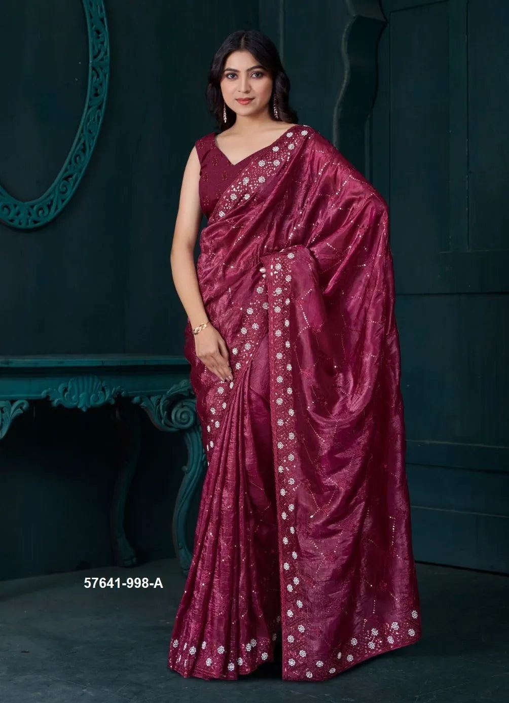 Wine Red Soft Silk Sequins-Work Party-Wear Saree