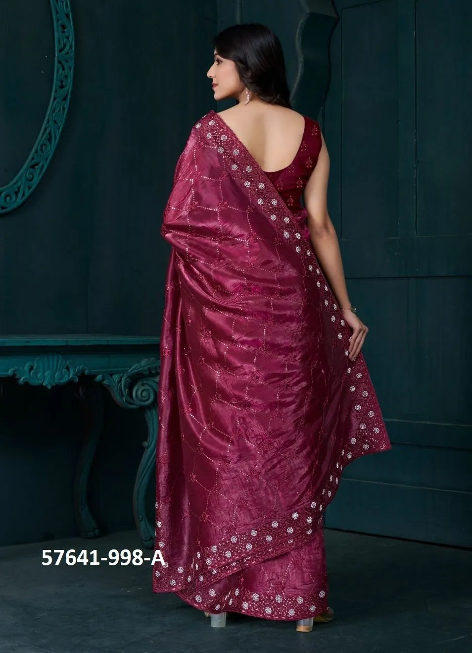 Wine Red Soft Silk Sequins-Work Party-Wear Saree
