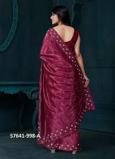 Wine Red Soft Silk Sequins-Work Party-Wear Saree