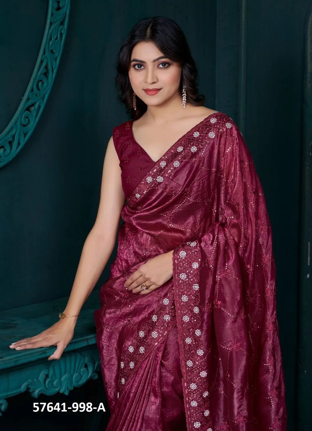 Wine Red Soft Silk Sequins-Work Party-Wear Saree