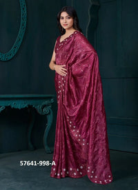 Wine Red Soft Silk Sequins-Work Party-Wear Saree