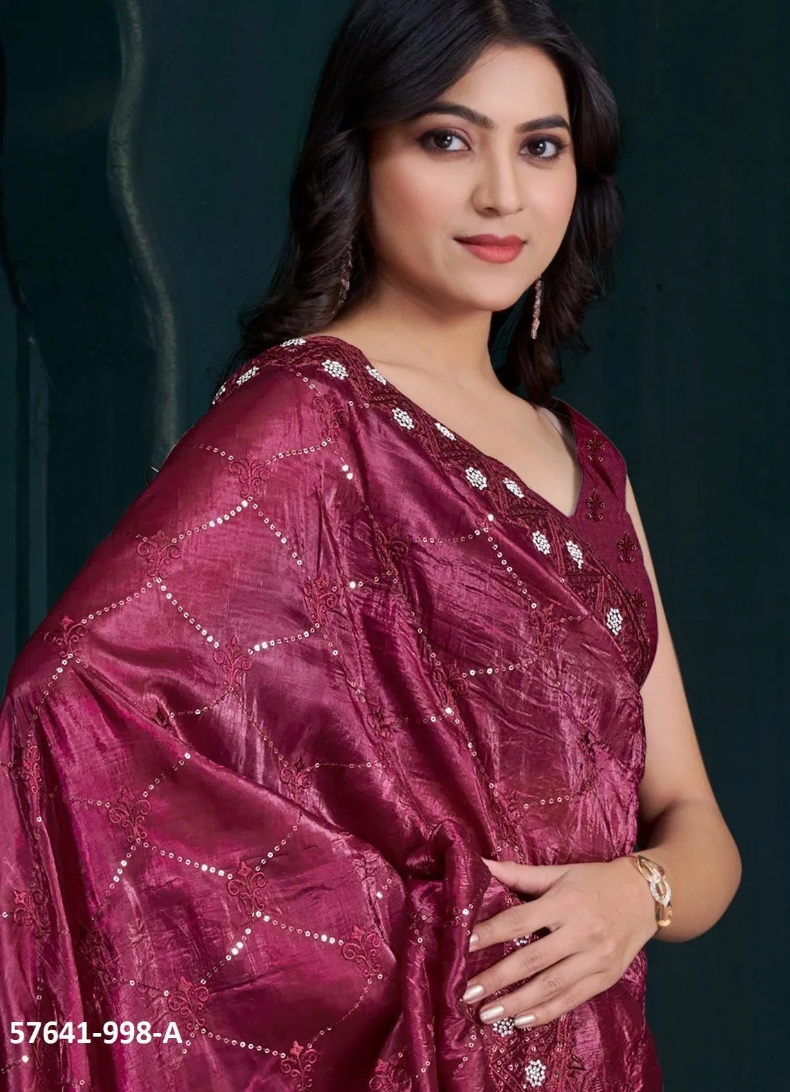 Wine Red Soft Silk Sequins-Work Party-Wear Saree