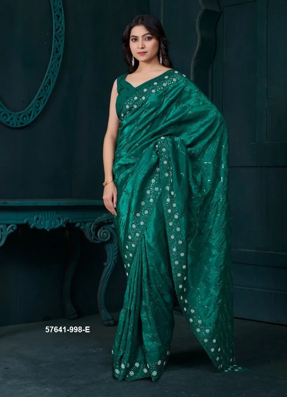 Teal Green Soft Silk Sequins-Work Party-Wear Saree