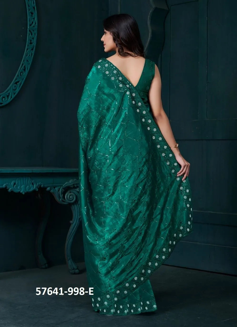 Teal Green Soft Silk Sequins-Work Party-Wear Saree