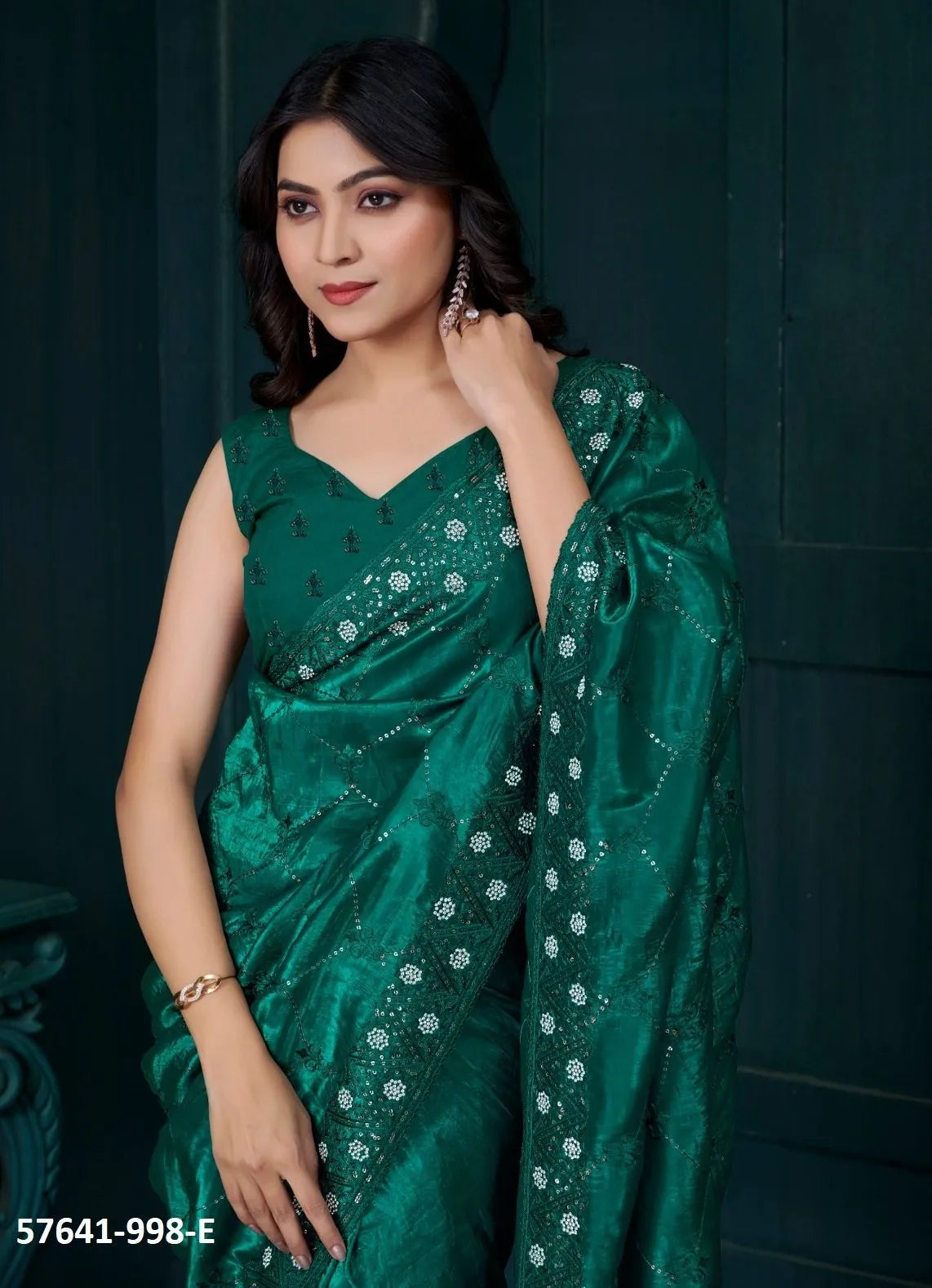 Teal Green Soft Silk Sequins-Work Party-Wear Saree