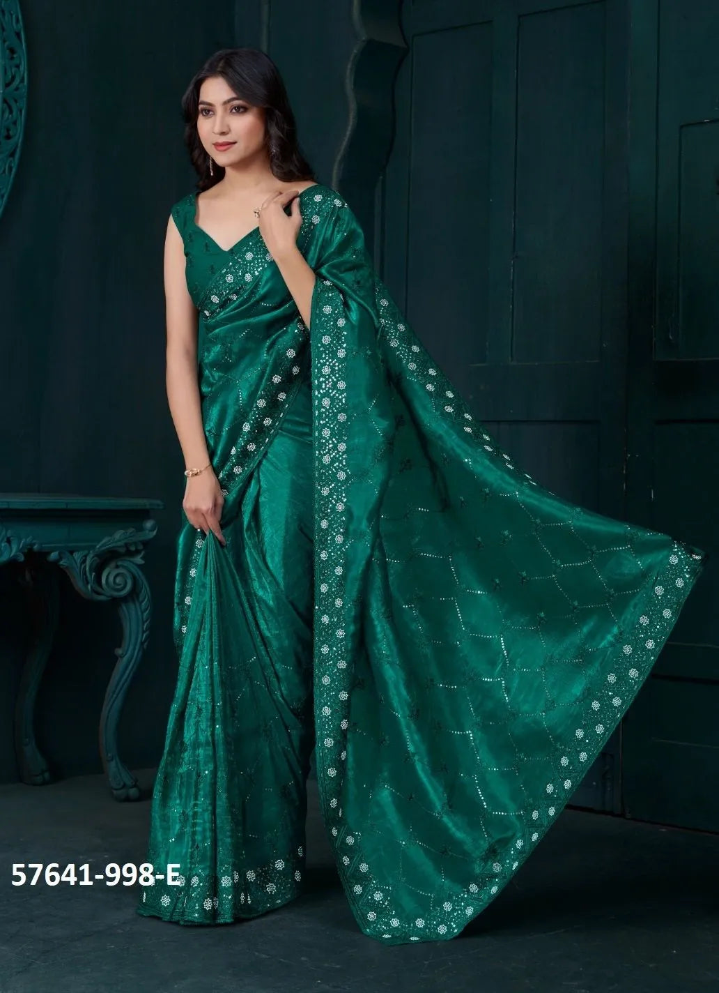 Teal Green Soft Silk Sequins-Work Party-Wear Saree