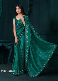 Teal Green Soft Silk Sequins-Work Party-Wear Saree