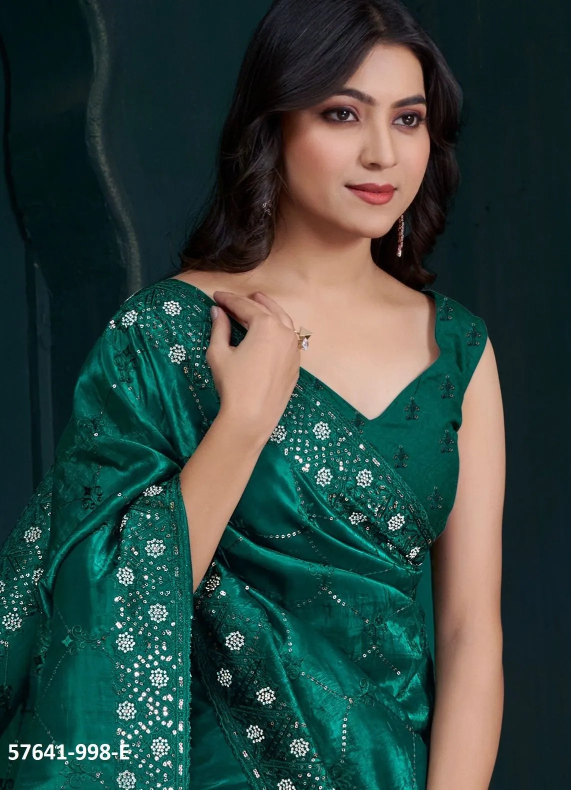 Teal Green Soft Silk Sequins-Work Party-Wear Saree