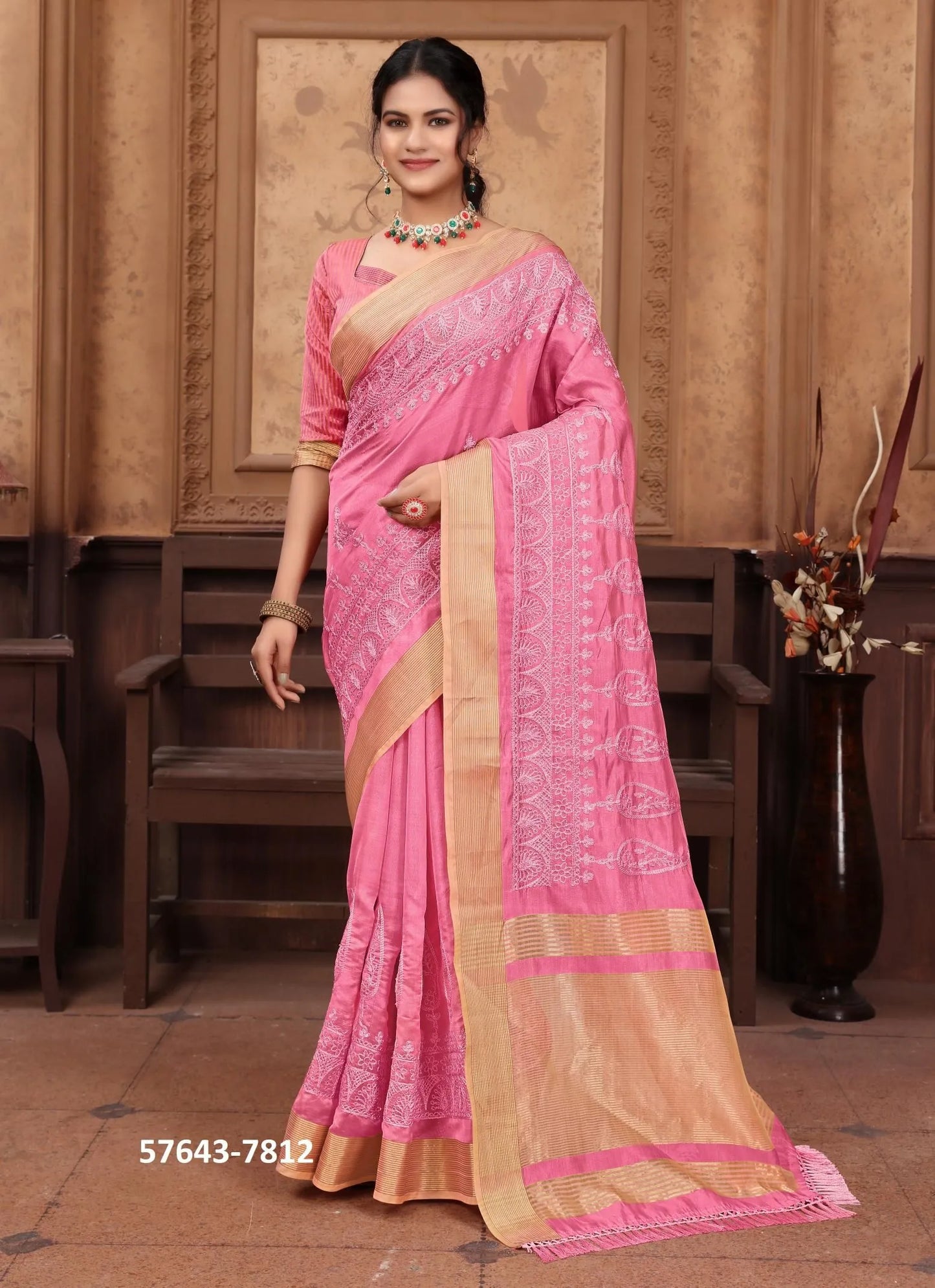 Pink Cotton Thread-Work Office-Wear Desi Saree