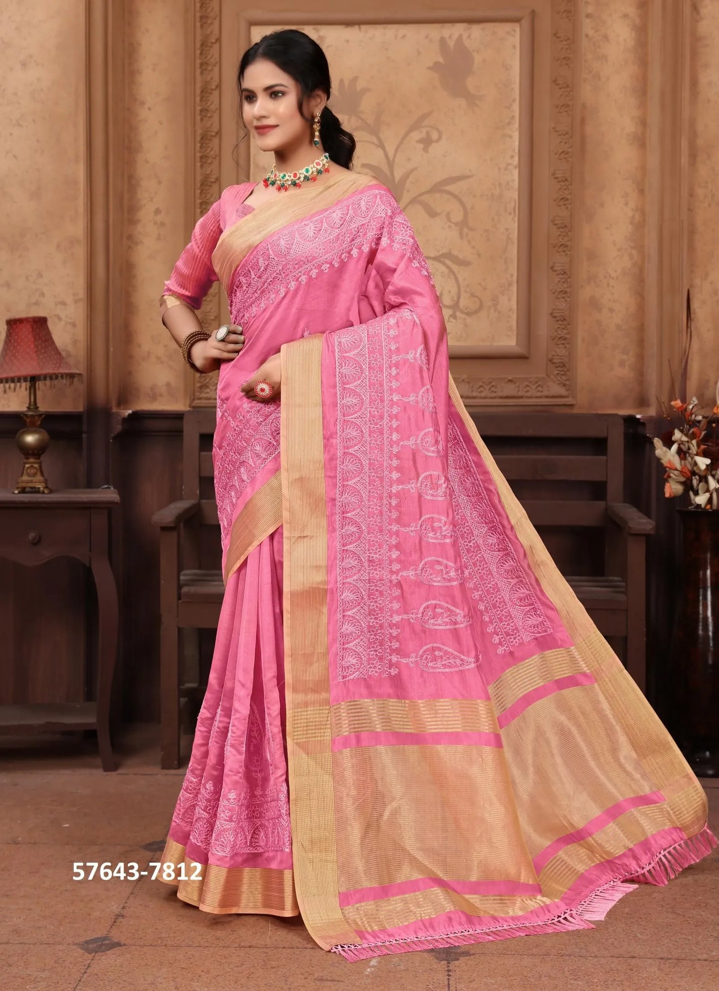 Pink Cotton Thread-Work Office-Wear Desi Saree