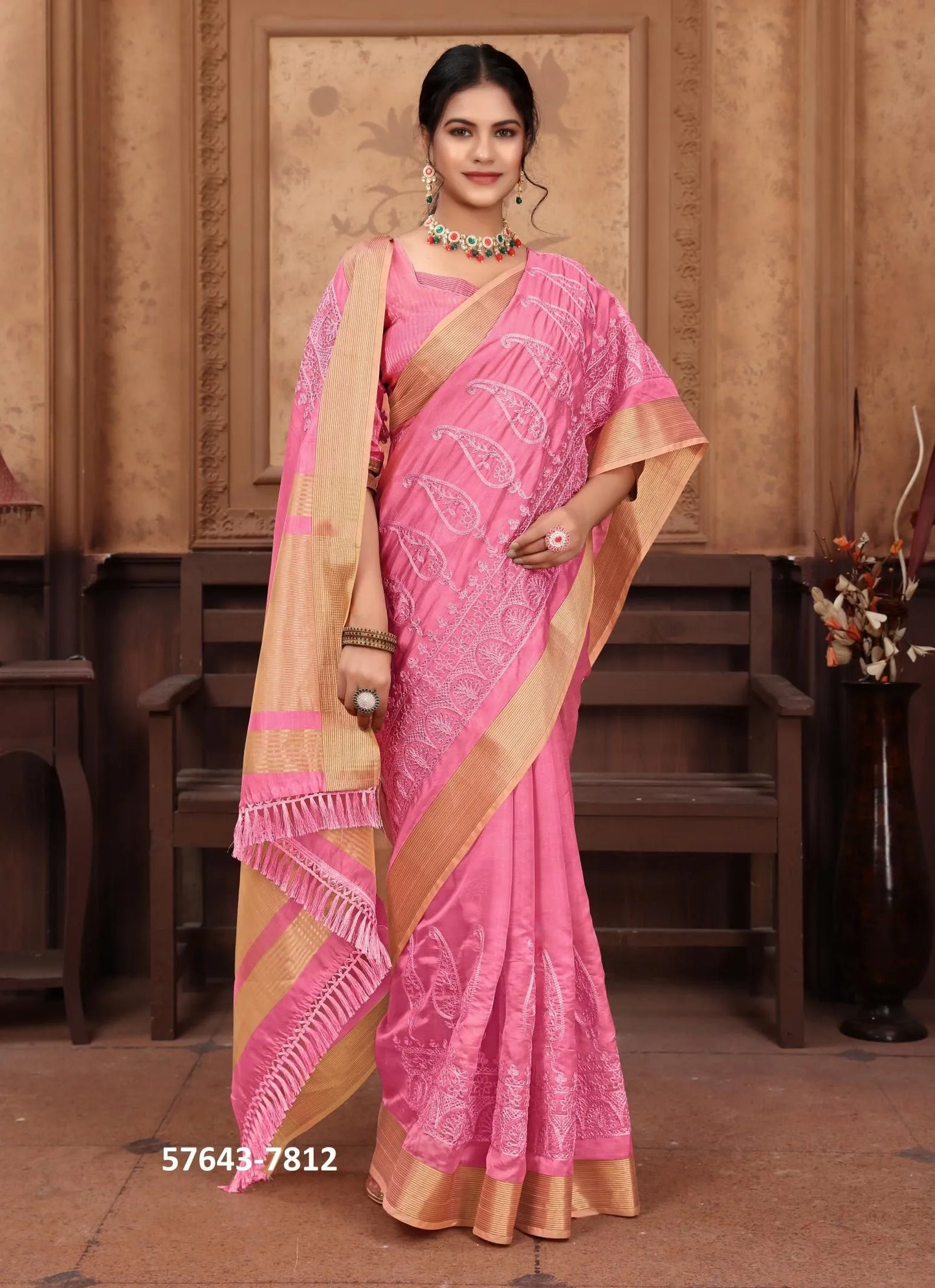 Pink Cotton Thread-Work Office-Wear Desi Saree