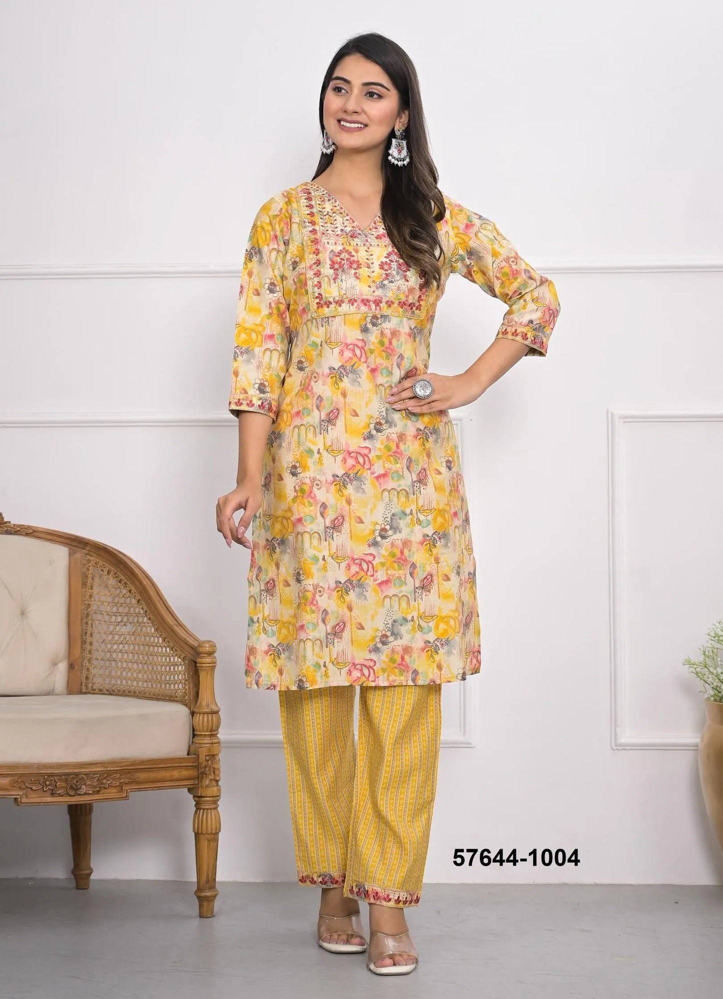 Yellow Chanderi Printed Lounge-Wear Readymade Co-Ord Set
