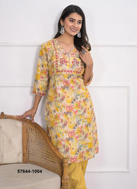 Yellow Chanderi Printed Lounge-Wear Readymade Co-Ord Set