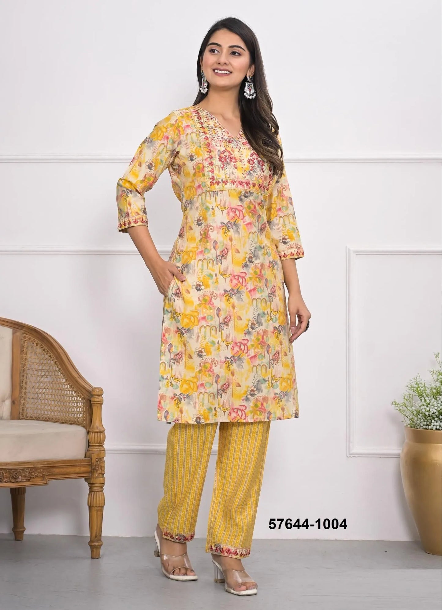 Yellow Chanderi Printed Lounge-Wear Readymade Co-Ord Set