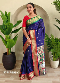 Navy Blue Silk Woven Jacquard Saree For Traditional / Religious-Occasions