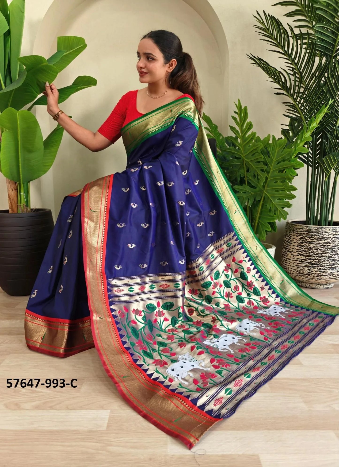 Navy Blue Silk Woven Jacquard Saree For Traditional / Religious-Occasions