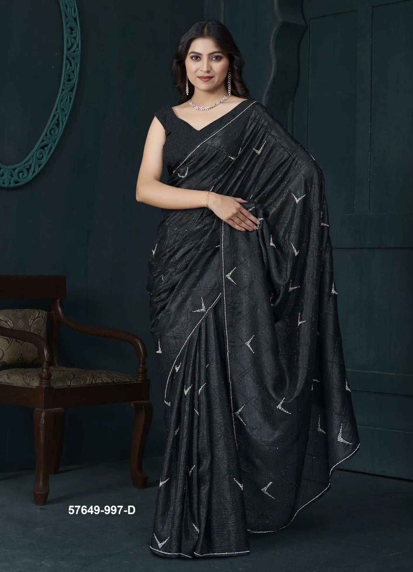 Black Crape Silk Zarkan-Work Party-Wear Beautiful Saree