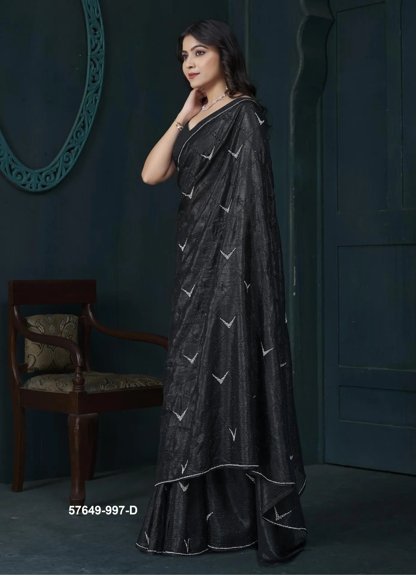 Black Crape Silk Zarkan-Work Party-Wear Beautiful Saree