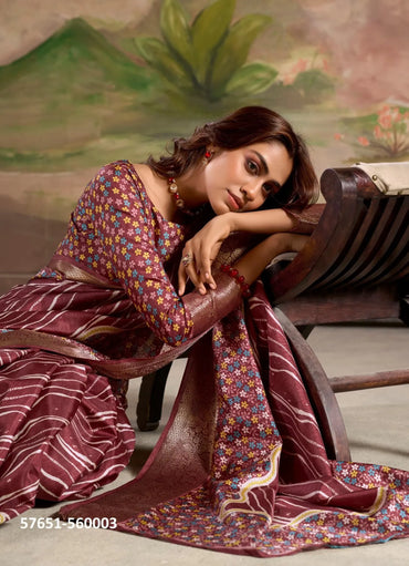 Wine Dolla Silk Printed Festive-Wear Saree