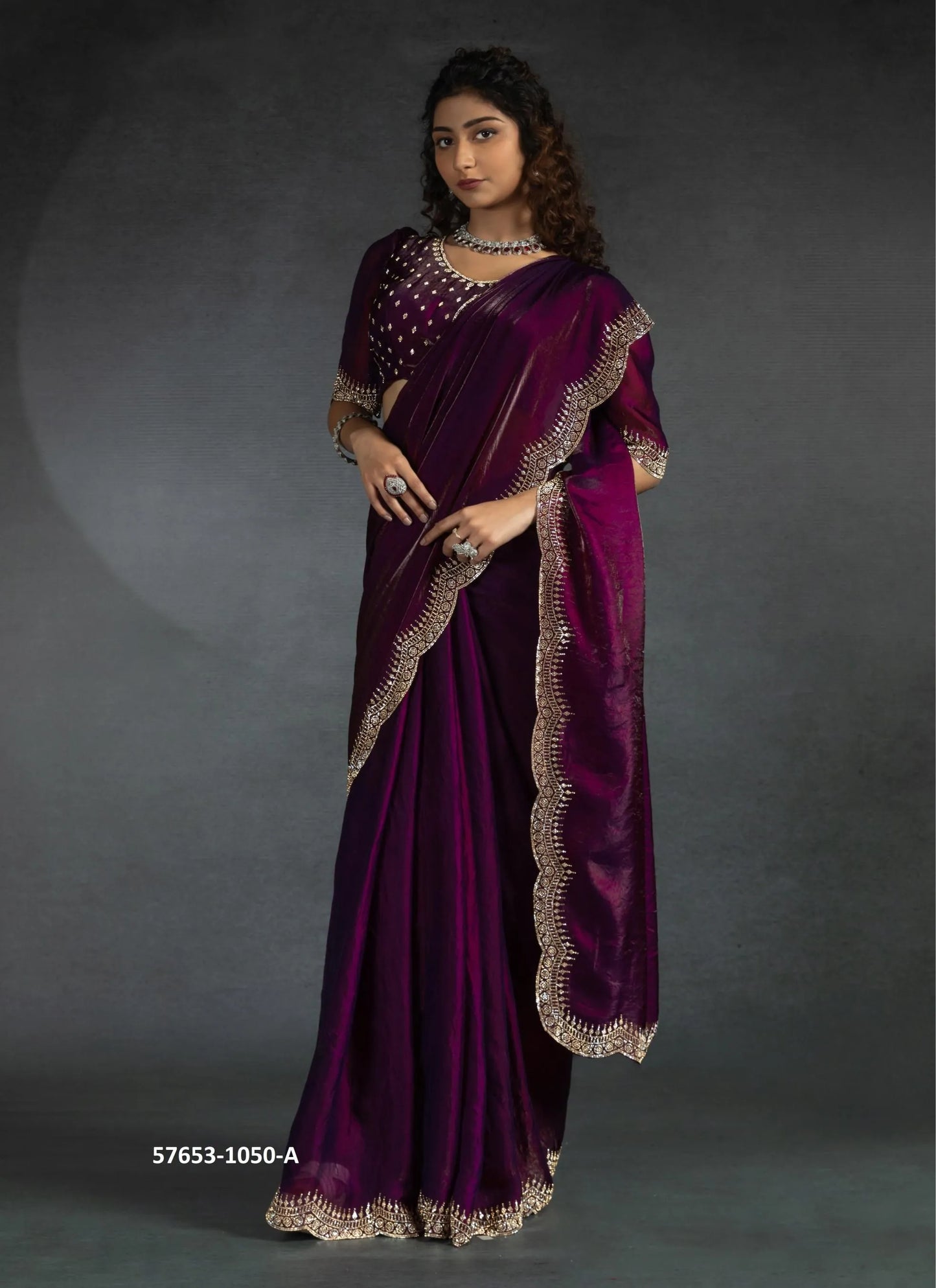 Wine Two Tone Satin Silk Zarkan-Work Evening-Wear Beautiful Saree