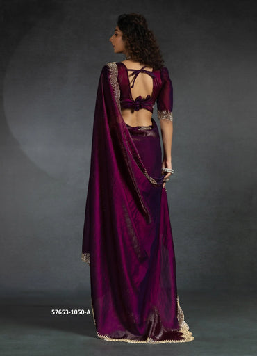 Wine Two Tone Satin Silk Zarkan-Work Evening-Wear Beautiful Saree