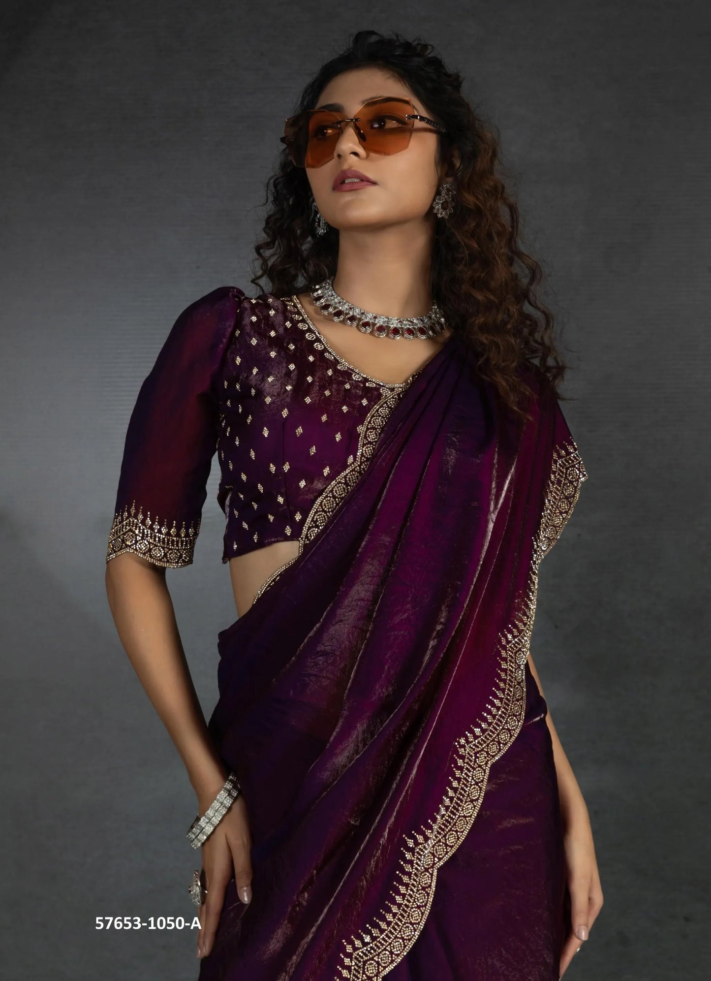 Wine Two Tone Satin Silk Zarkan-Work Evening-Wear Beautiful Saree