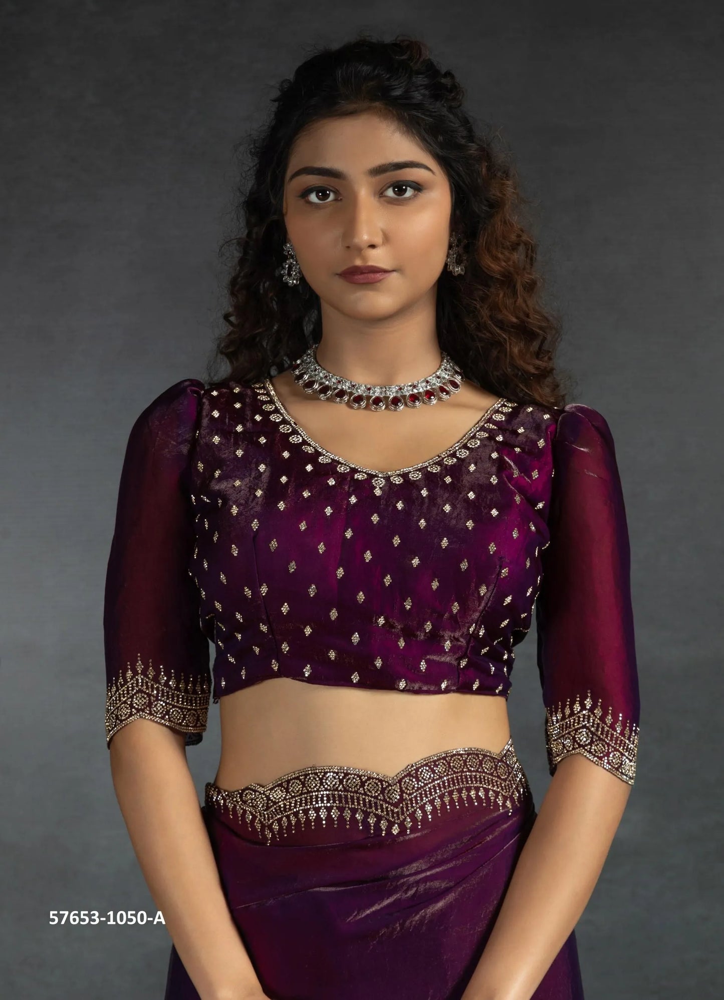 Wine Two Tone Satin Silk Zarkan-Work Evening-Wear Beautiful Saree